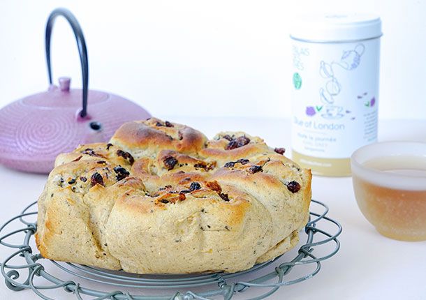 Brioche rolls with dried fruit and Blue of London tea